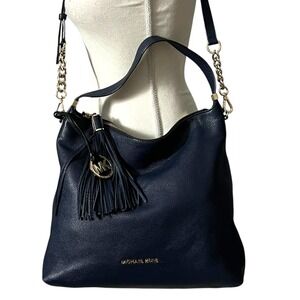 Michael Kors Large‎ Navy Weston Leather Hobo Shoulder Bag Gold Tone Chain Tassel
